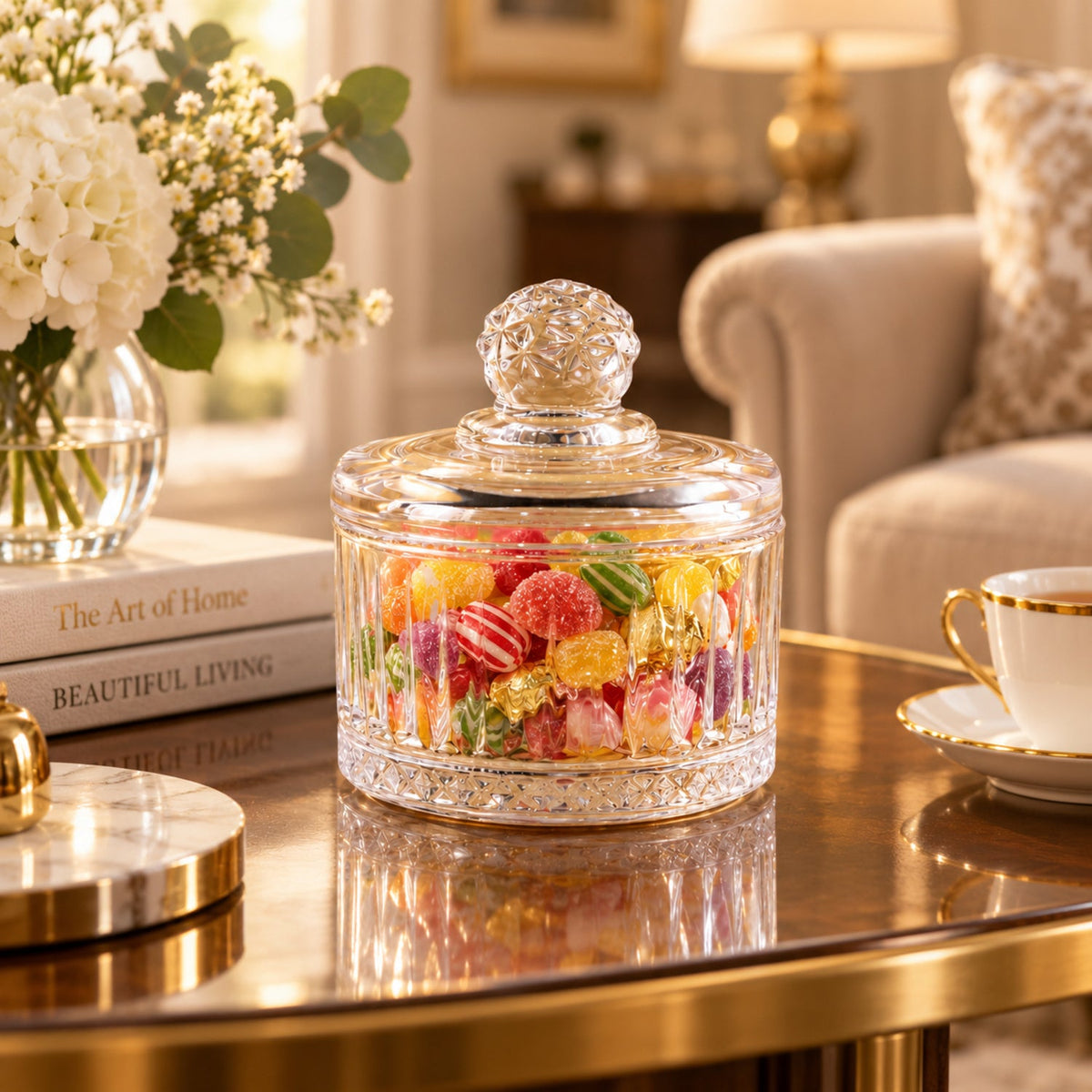 Clear ribbed glass candy bowl with lid, perfect for sweets and table display, by Wukusy.