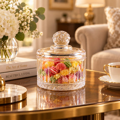 Clear ribbed glass candy bowl with lid, perfect for sweets and table display, by Wukusy.