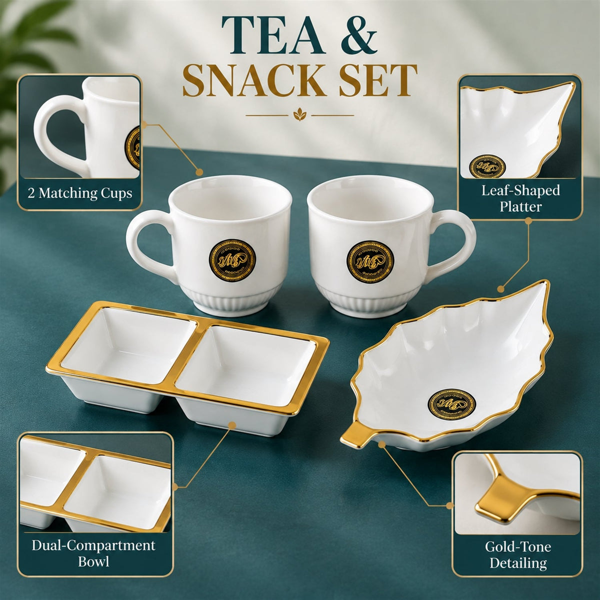 Wukusy tea and snacks serving set with cups, divided bowl, and leaf platter, perfect for elegant hosting and presentation.