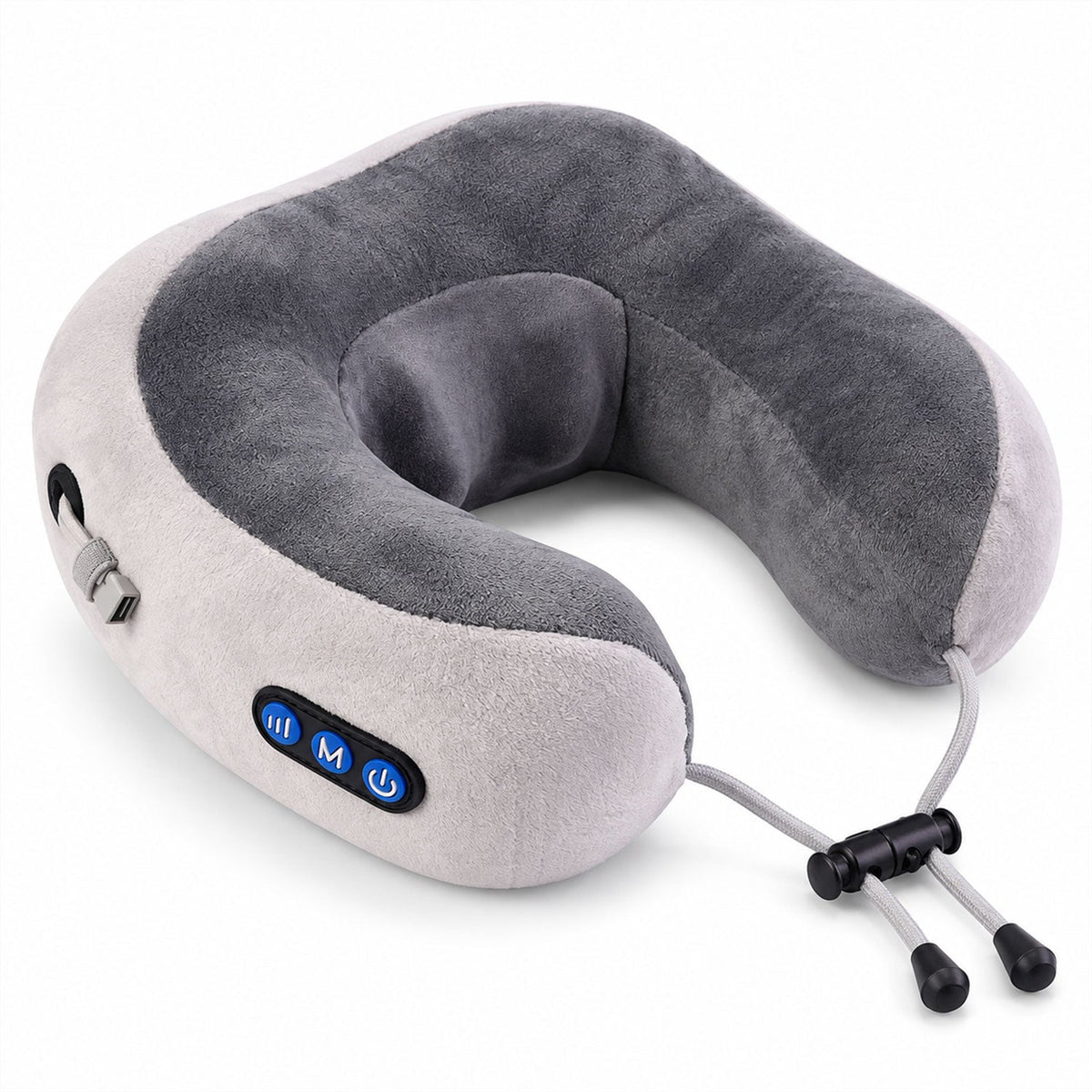 Wukusy electric U-shape neck massage pillow with heat and USB charging for travel, shown in black with cushioned design.