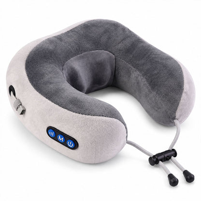 Wukusy electric U-shape neck massage pillow with heat and USB charging for travel, shown in black with cushioned design.