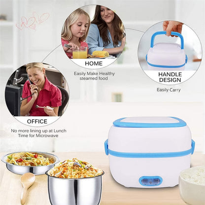 Wukusy electric lunch box with stainless steel bowls, 3-in-1 food heater, cooker, steamer for home and kitchen use