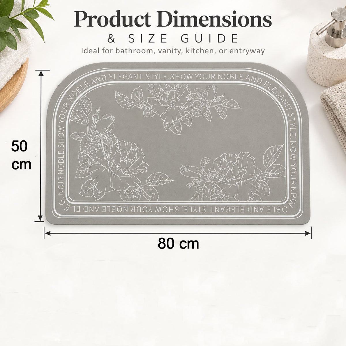 Wukusy absorbent half-round floral print bathroom mat, quick-dry fabric, 50x80 cm, placed on bathroom floor.