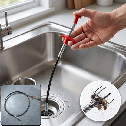 Wukusy premium 61-inch spring drain dredging tool with claw grabber for sink cleaning, featuring a sturdy metal handle and claw head.