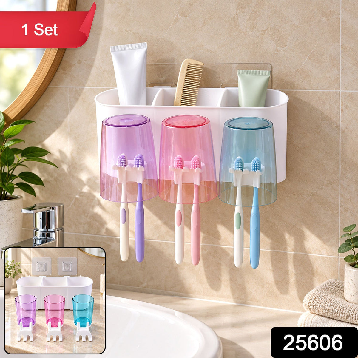 Wall-mounted Wukusy toothbrush holder with three cups and bathroom storage, shown with bathroom accessories on a tiled wall.