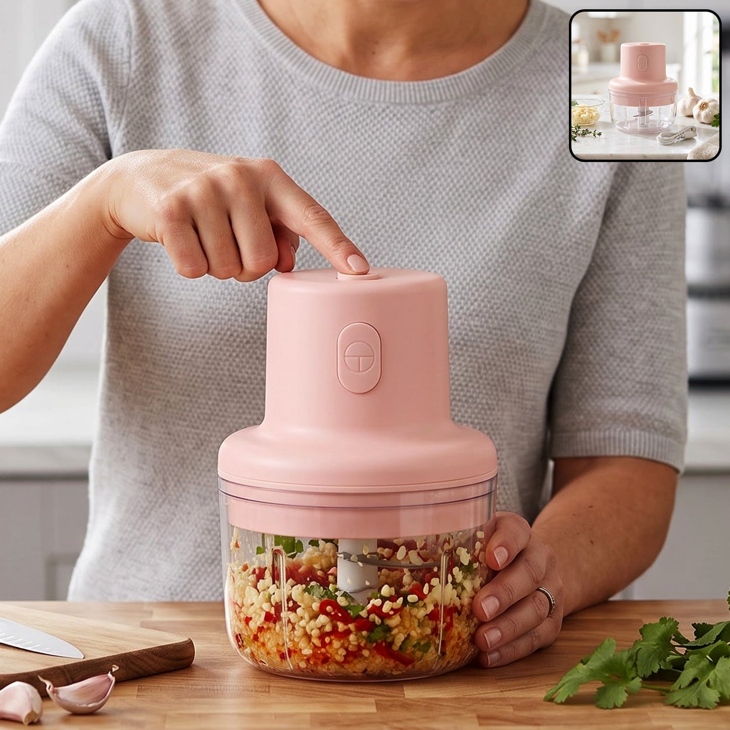 Usb Rechargeable Mini Garlic Chopper 100ml With Dual Blade And Clear Bowl (1 Pc)