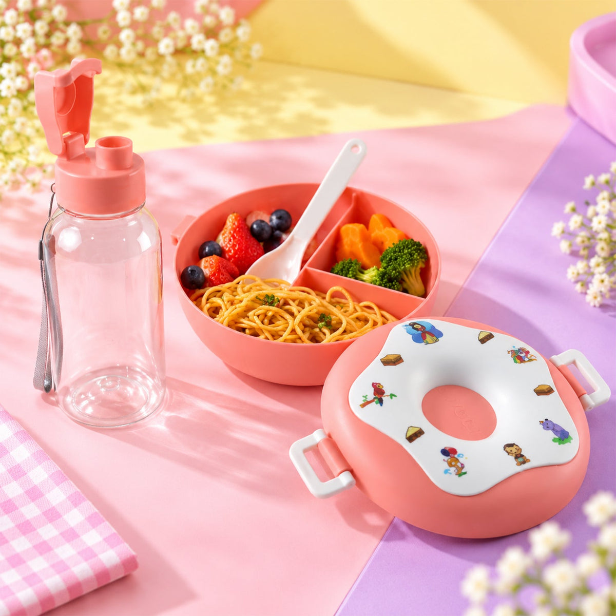 Kids Plastic Divided Lunch Box With Water Bottle For School (2 Pc Set)