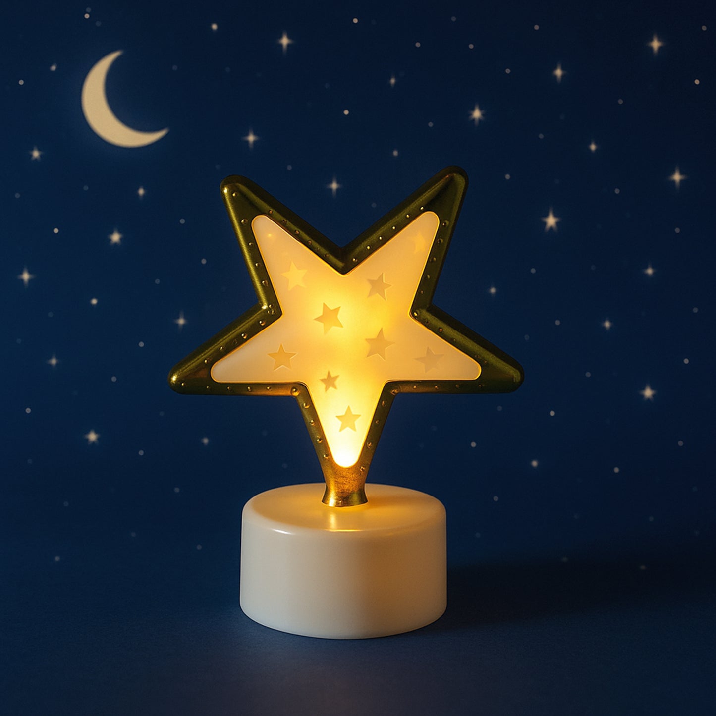 Set of four Wukusy decorative star-shaped flameless LED candles for home decor, glowing softly in warm light.
