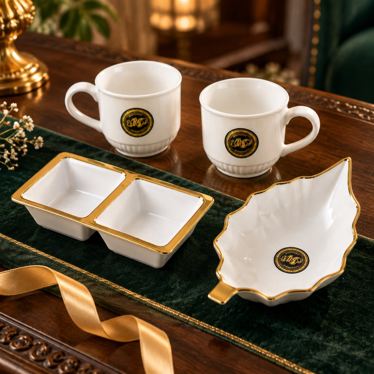 Wukusy tea and snacks serving set with cups, divided bowl, and leaf platter, arranged for serving beverages and snacks.