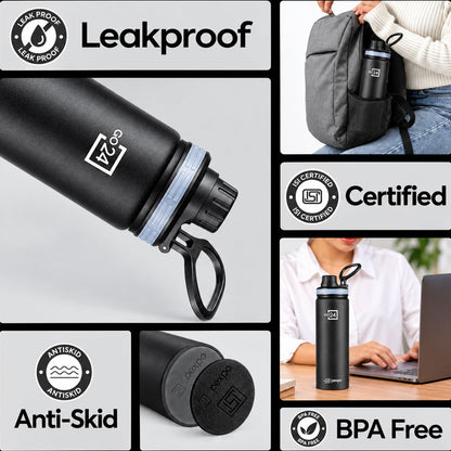 Wukusy stainless steel water bottle with carry handle, 900ml capacity, suitable for gym and travel, shown with a sleek design.