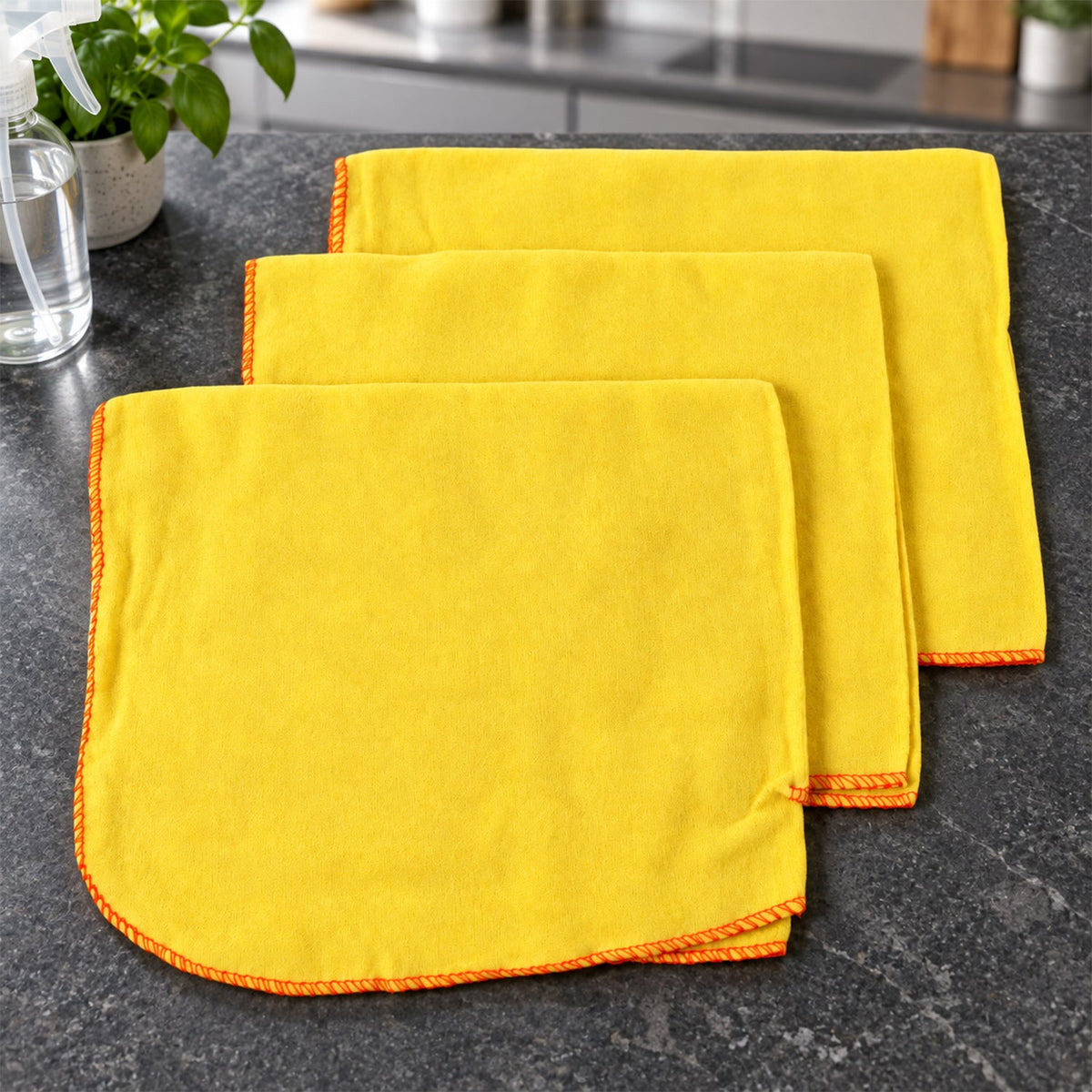 Set of three yellow cotton duster cloths for daily home and kitchen cleaning, measuring 46x46 cm, by Wukusy.