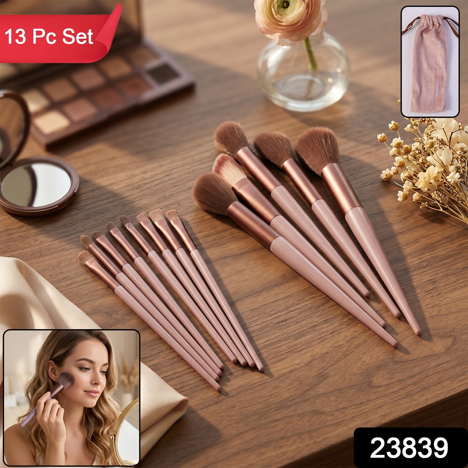 Wukusy professional 13-piece makeup brush set with soft synthetic bristles and pouch, displayed with brushes organized for makeup application.