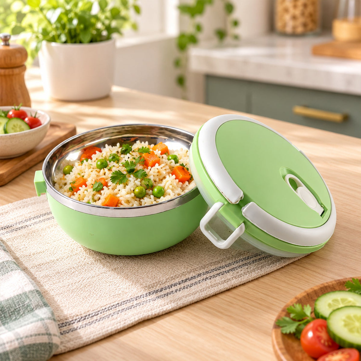Stainless steel Wukusy single layer lunch box with carry handle, 700 ml capacity, shown with open lid and food compartments