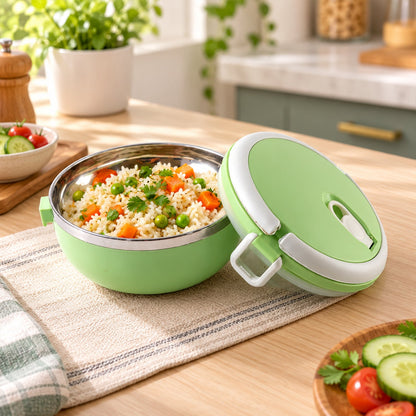 Stainless steel Wukusy single layer lunch box with carry handle, 700 ml capacity, shown with open lid and food compartments