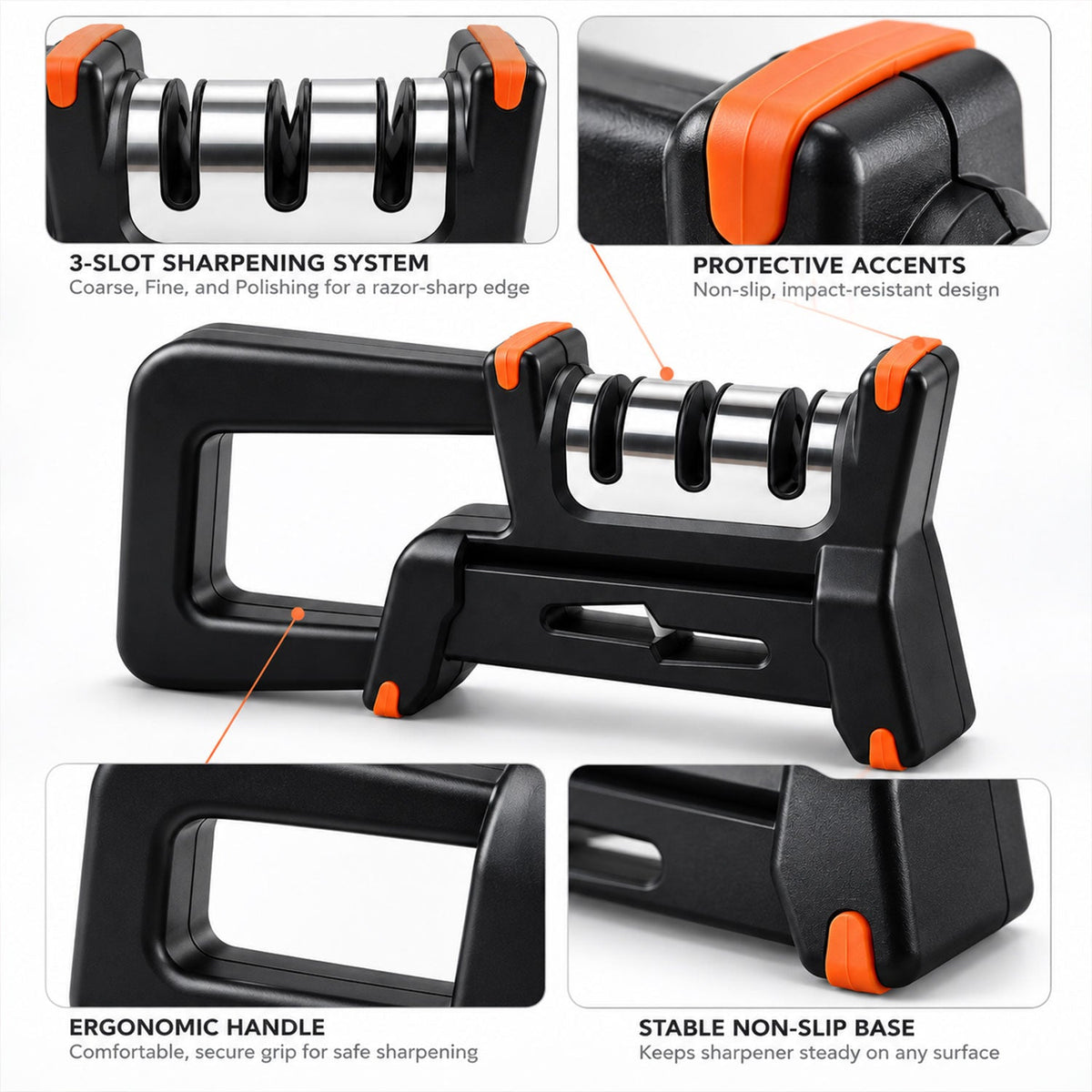 Manual Metal Knife Sharpener With 3 Stage System And Ergonomic Non Slip Handle