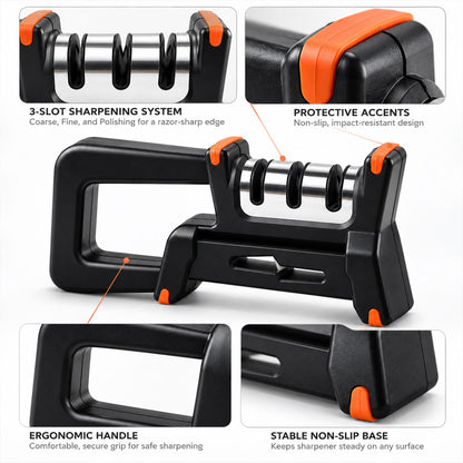Manual Metal Knife Sharpener With 3 Stage System And Ergonomic Non Slip Handle