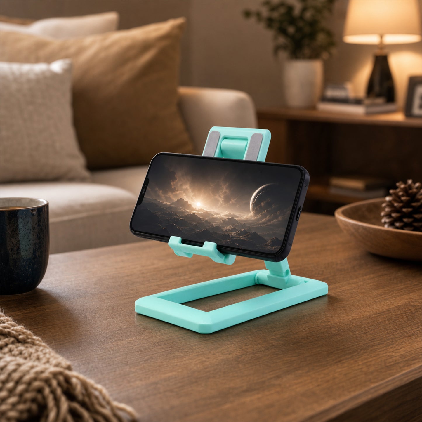 Wukusy foldable plastic mobile phone holder stand on a desk, adjustable for viewing, ideal for office use.