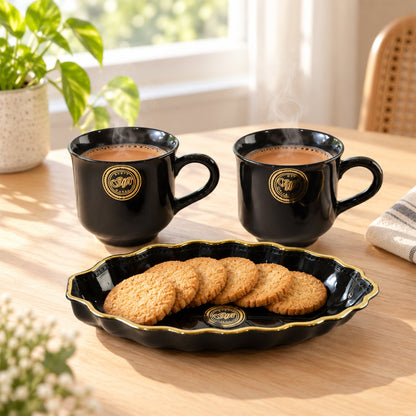 Wukusy tea and coffee cup set with leaf-shaped platter for biscuits, featuring three elegant ceramic pieces for serving beverages and snacks.