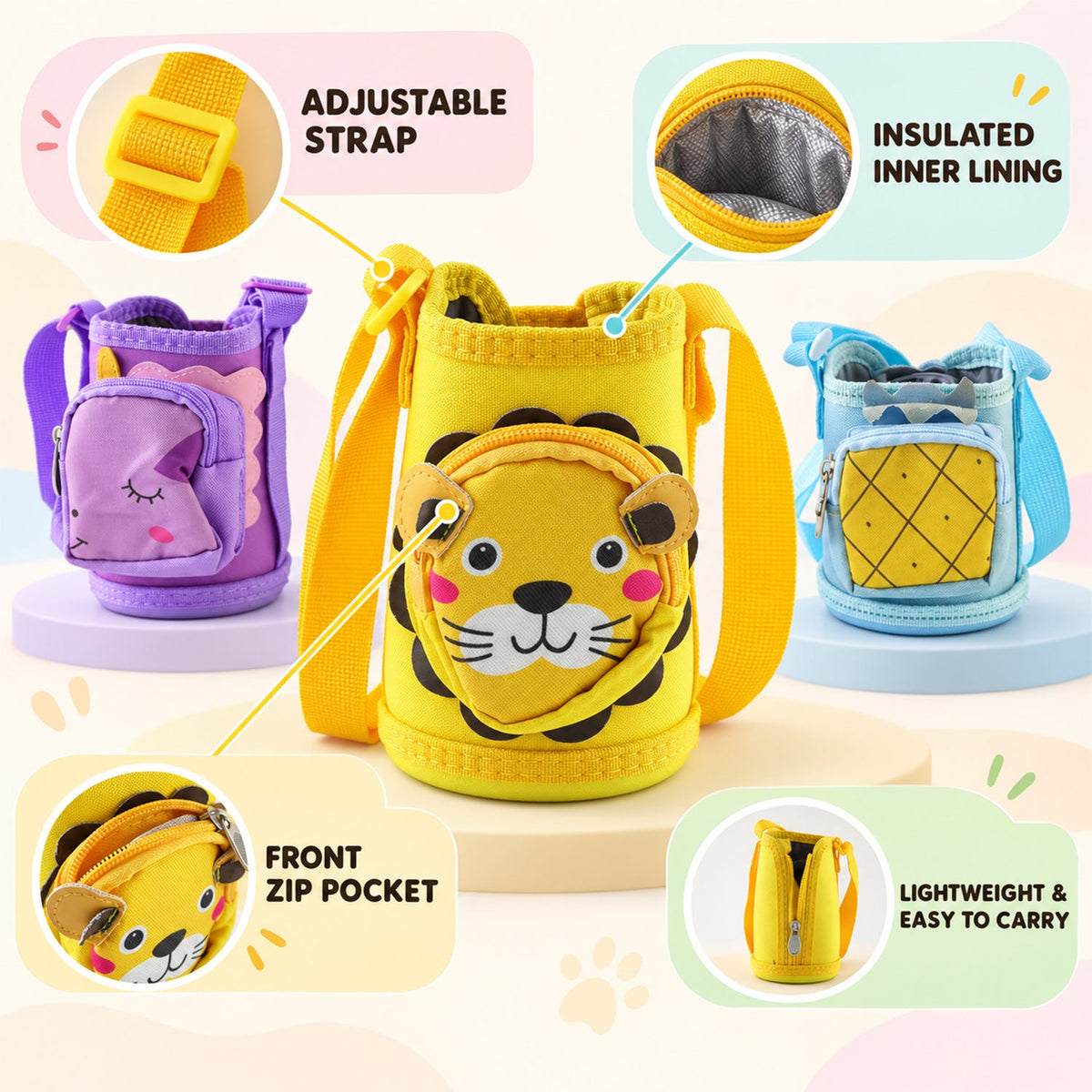 Kids Water Bottle Carrier Sling Pouch Bag With Strap Cute Animal Design (1 Pc)