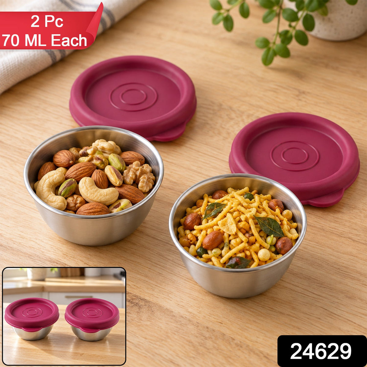Wukusy Apex stainless steel food containers with lids, 70ml size, ideal for snacks and dips, set of 2 in a sleek design.