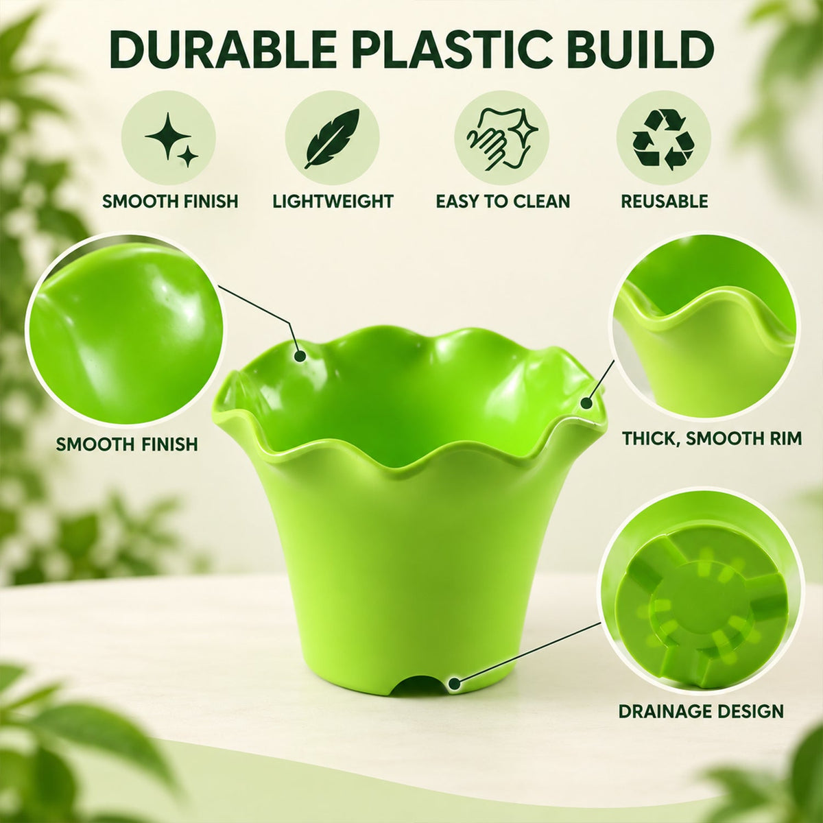 Decorative Plastic Flower Pot Planter With Wavy Rim For Home Garden (1 Pc)