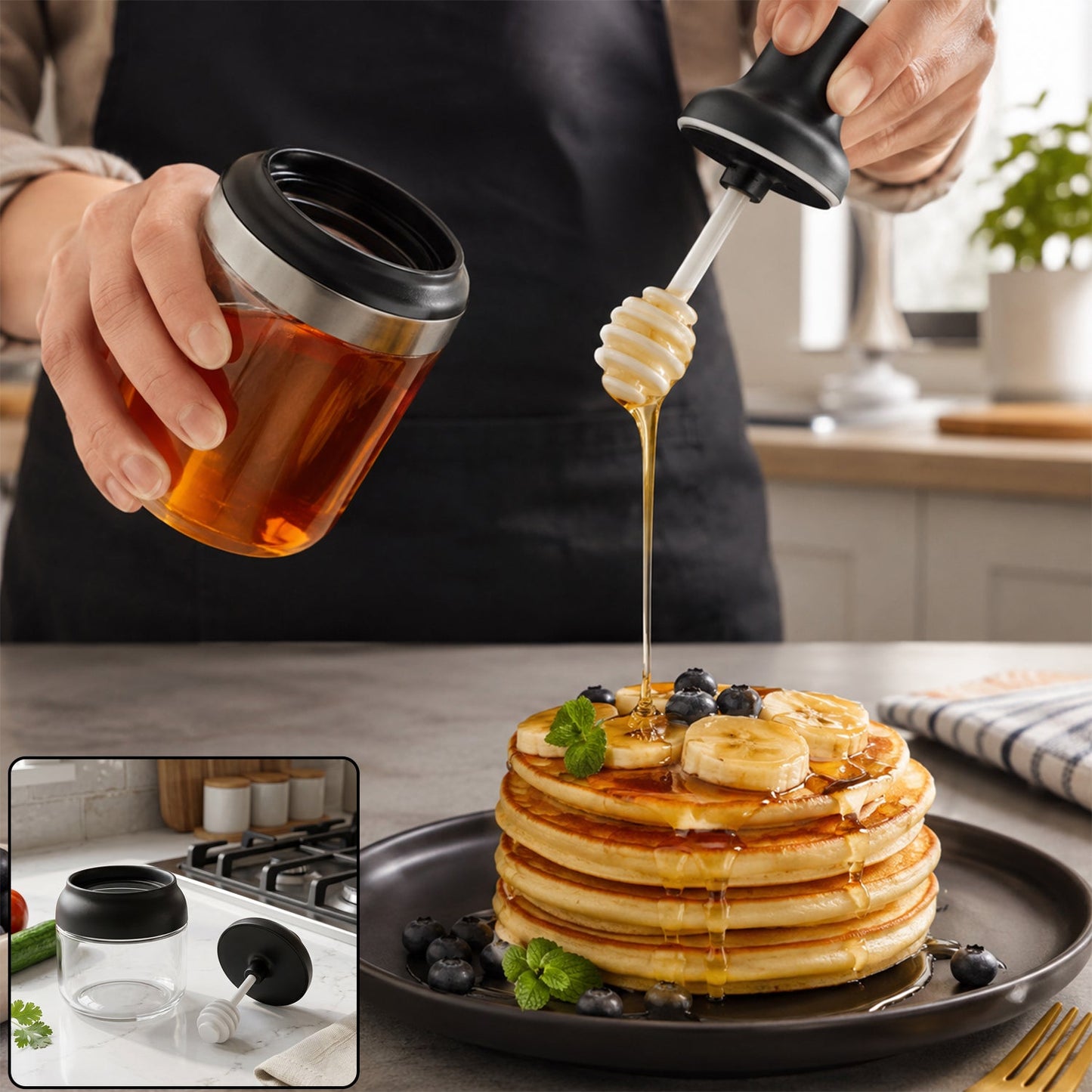 Round Glass Jar Oil And Honey Dispenser With Dipper 280 Ml For Home Kitchen (1 Pc)