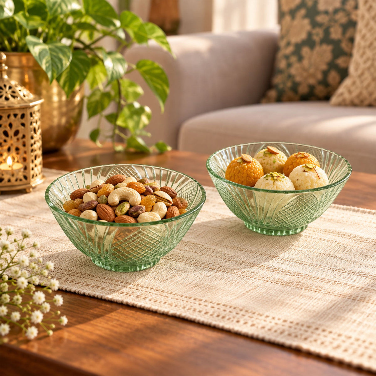 Wukusy textured glass bowl set with two serving bowls for dry fruits, snacks, and desserts, showcasing elegant, clear glass design.