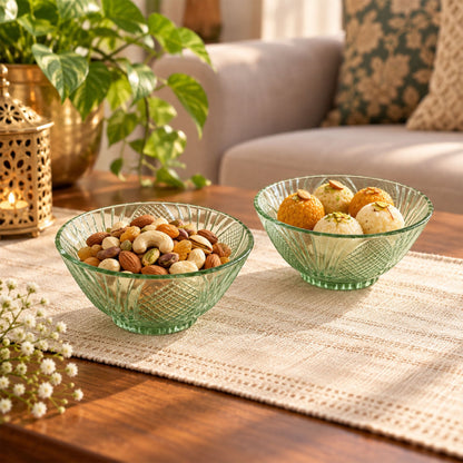 Wukusy textured glass bowl set with two serving bowls for dry fruits, snacks, and desserts, showcasing elegant, clear glass design.