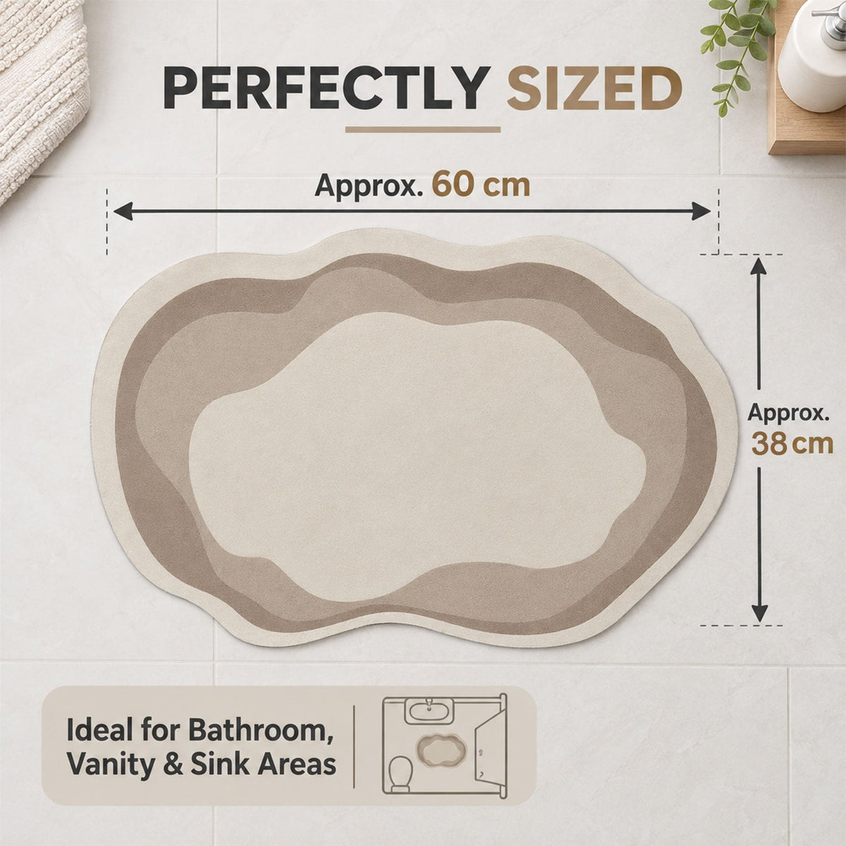 Wukusy decorative wavy-shaped bathroom floor mat, 60x38 cm, indoor home use, featuring a stylish wavy design on a textured surface.