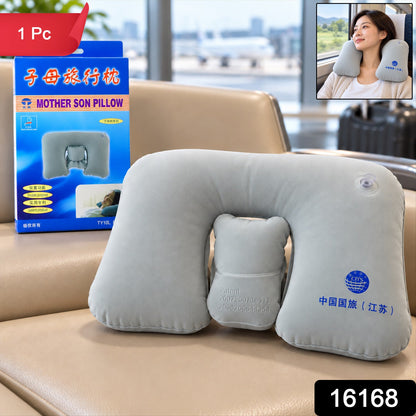 Wukusy inflatable travel neck pillow in gray for flights and train trips, providing seated rest and neck support.