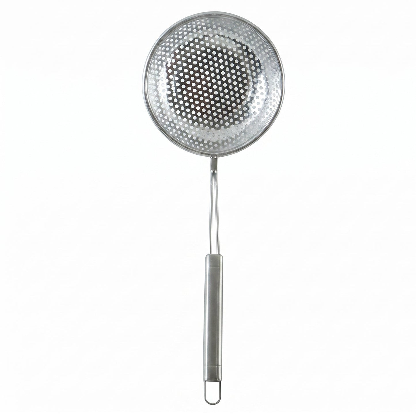 Wukusy stainless steel frying strainer skimmer spoon with long handle for scooping fried foods and draining liquids.