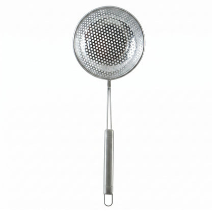 Wukusy stainless steel frying strainer skimmer spoon with long handle for scooping fried foods and draining liquids.