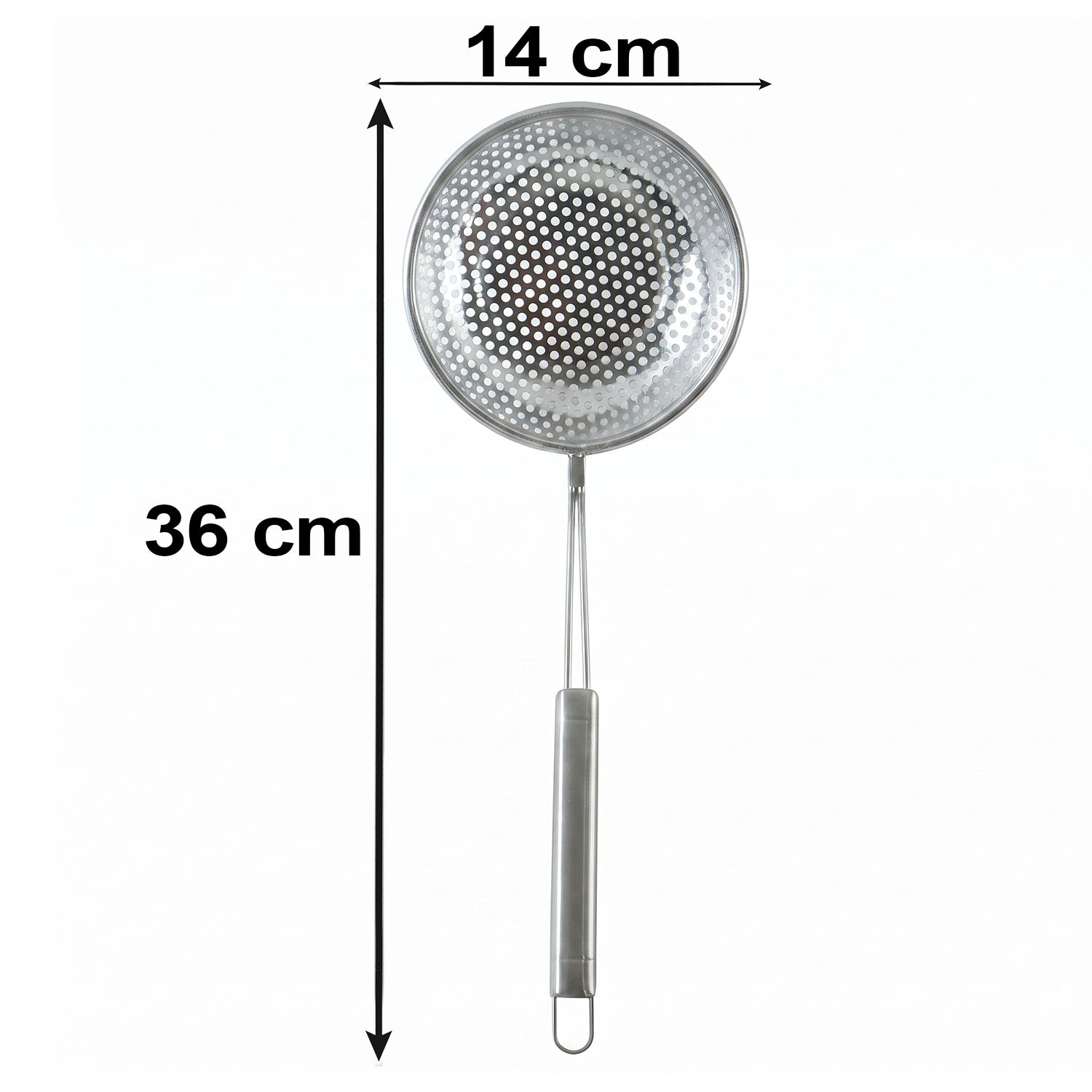 Wukusy stainless steel frying strainer skimmer spoon with long handle, showing a close-up of the utensil for frying and skimming food.
