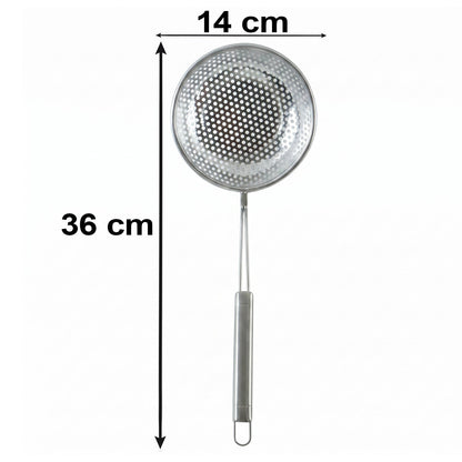Wukusy stainless steel frying strainer skimmer spoon with long handle, showing a close-up of the utensil for frying and skimming food.