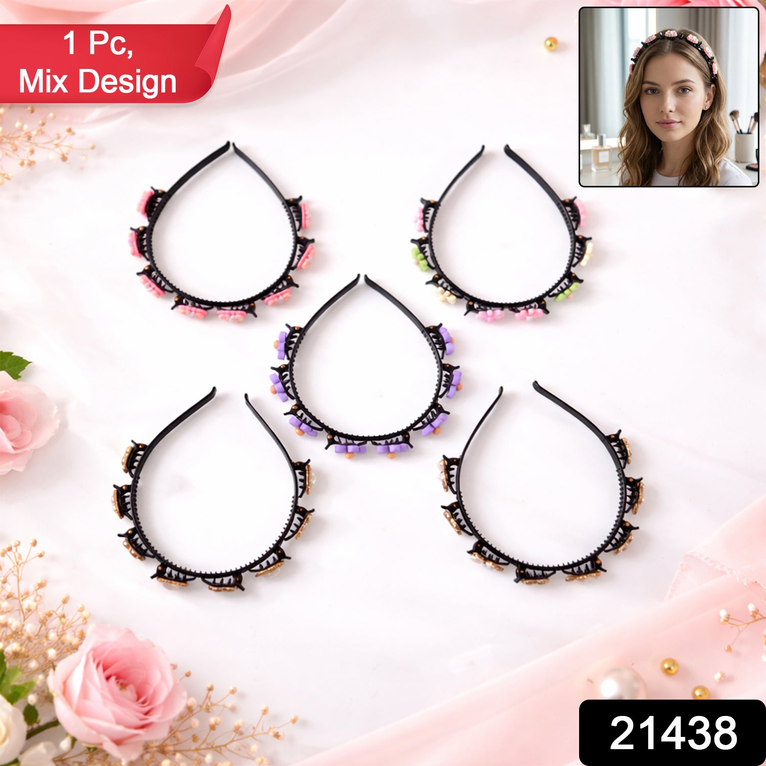 Decorative Floral Beaded Hairband For Women  Girls (1 Pc Mix Design)
