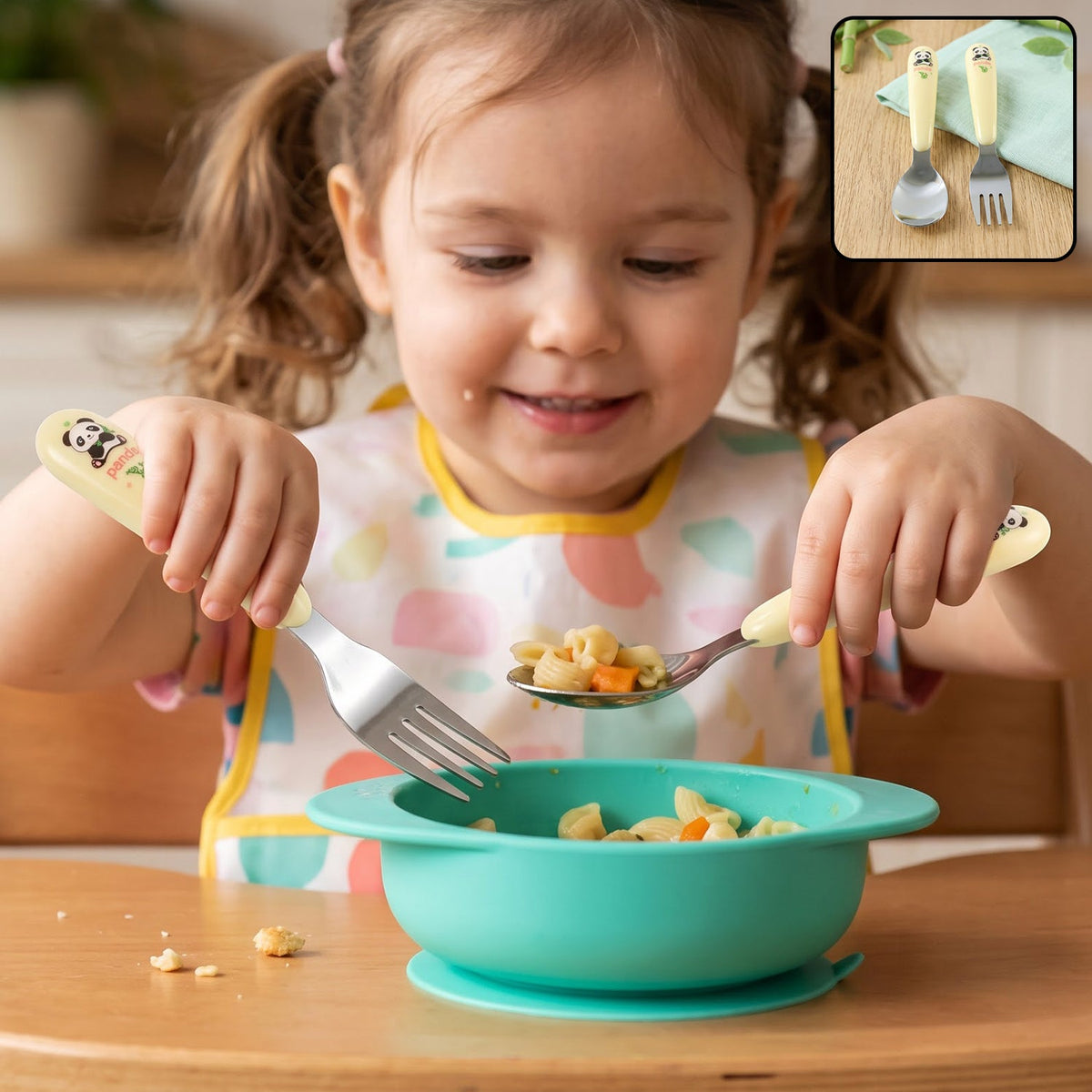Wukusy kids cartoon spoon and fork set with easy grip handles for daily feeding, shown with colorful handles on a white background.
