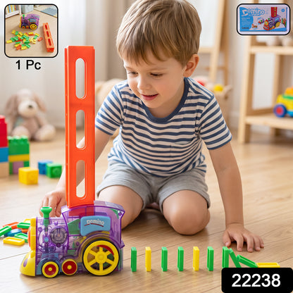 Wukusy automatic domino laying train engine toy with lights and music for kids, featuring colorful train design and playful features.