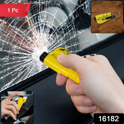 Wukusy keychain car safety hammer with seat belt cutter and window breaker, compact emergency rescue tool on a keyring.