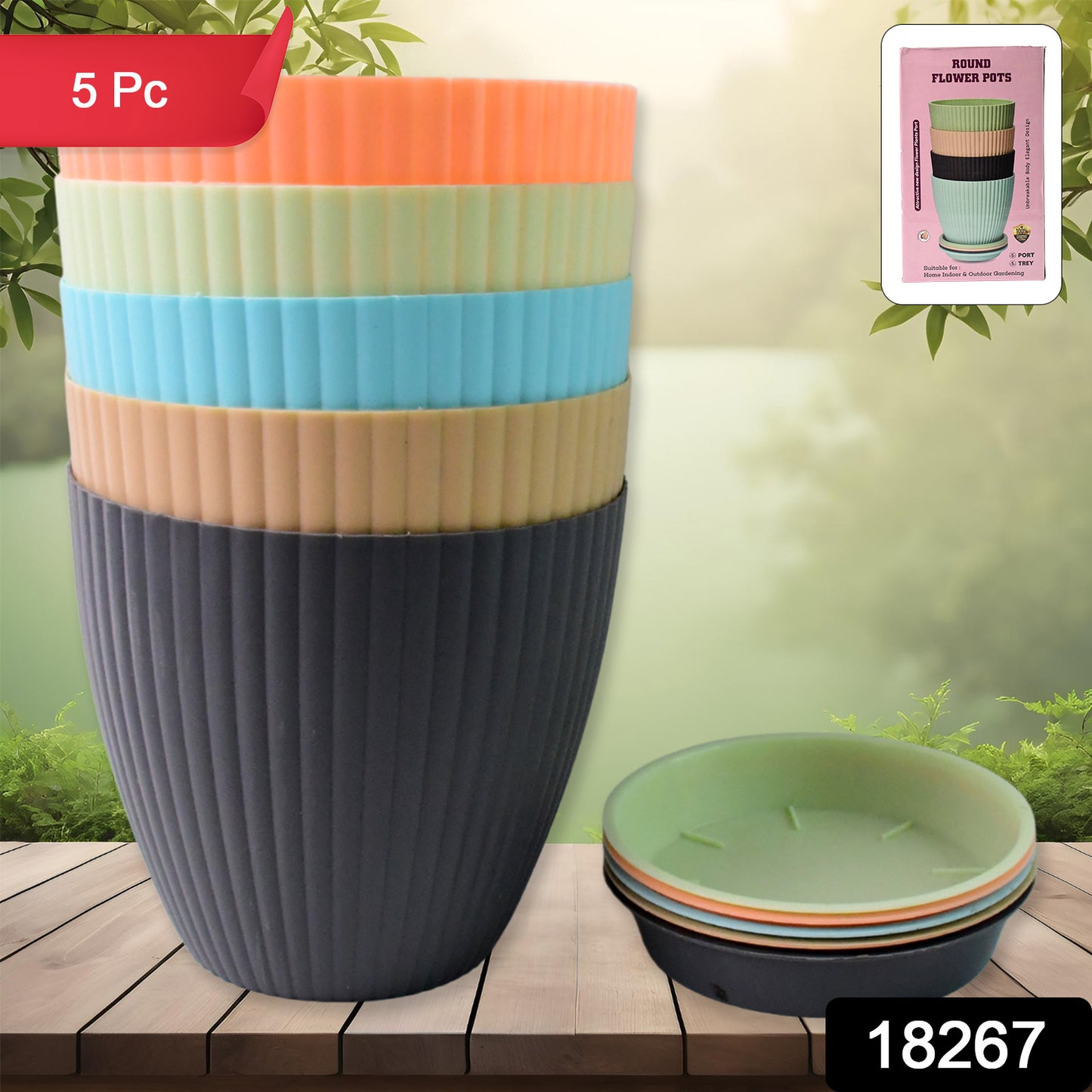 Set of five Wukusy plastic flower pots with matching bottom trays, ideal for indoor and outdoor gardening.