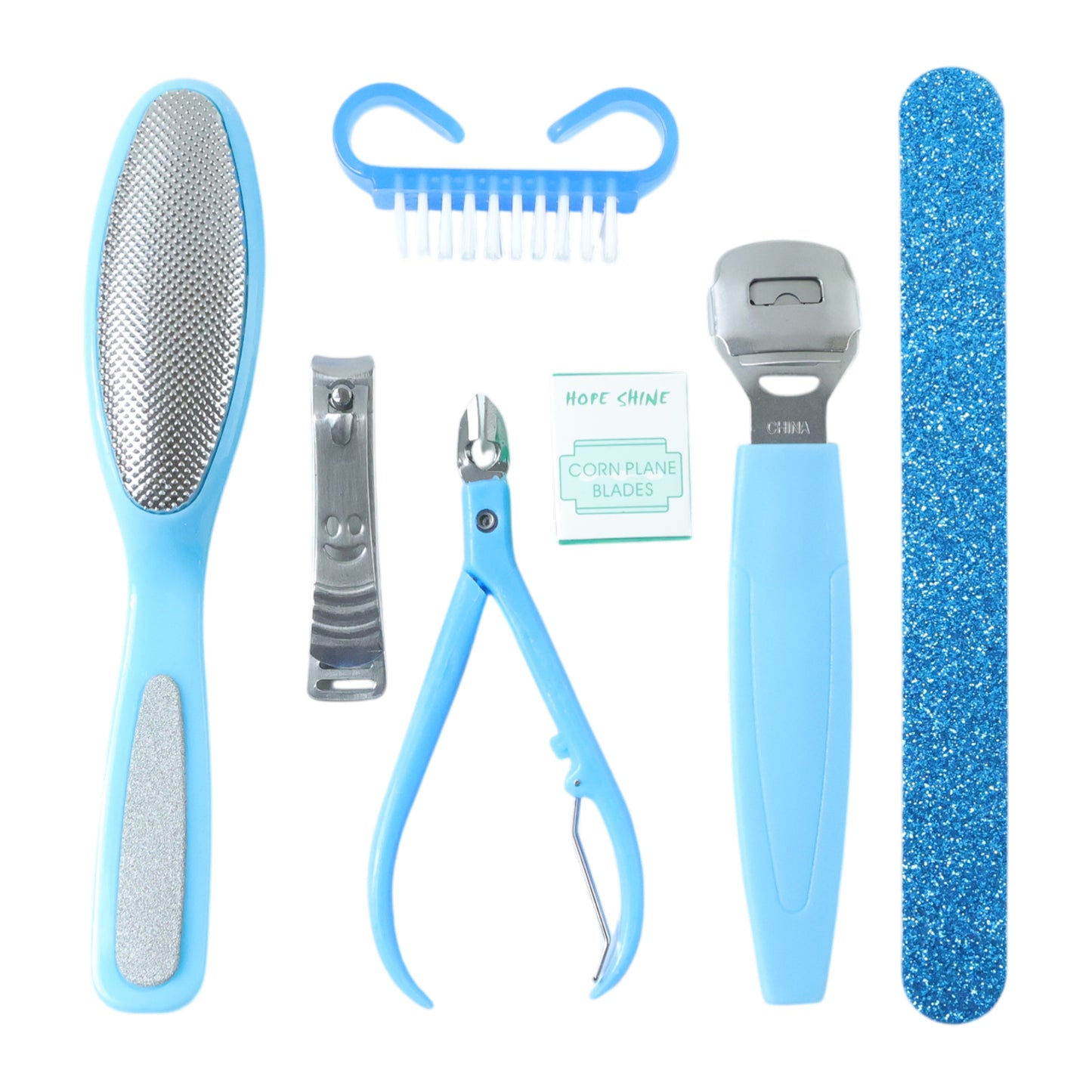 Wukusy 7-in-1 pedicure and manicure foot care tool kit with various professional stainless steel tools on a white background.