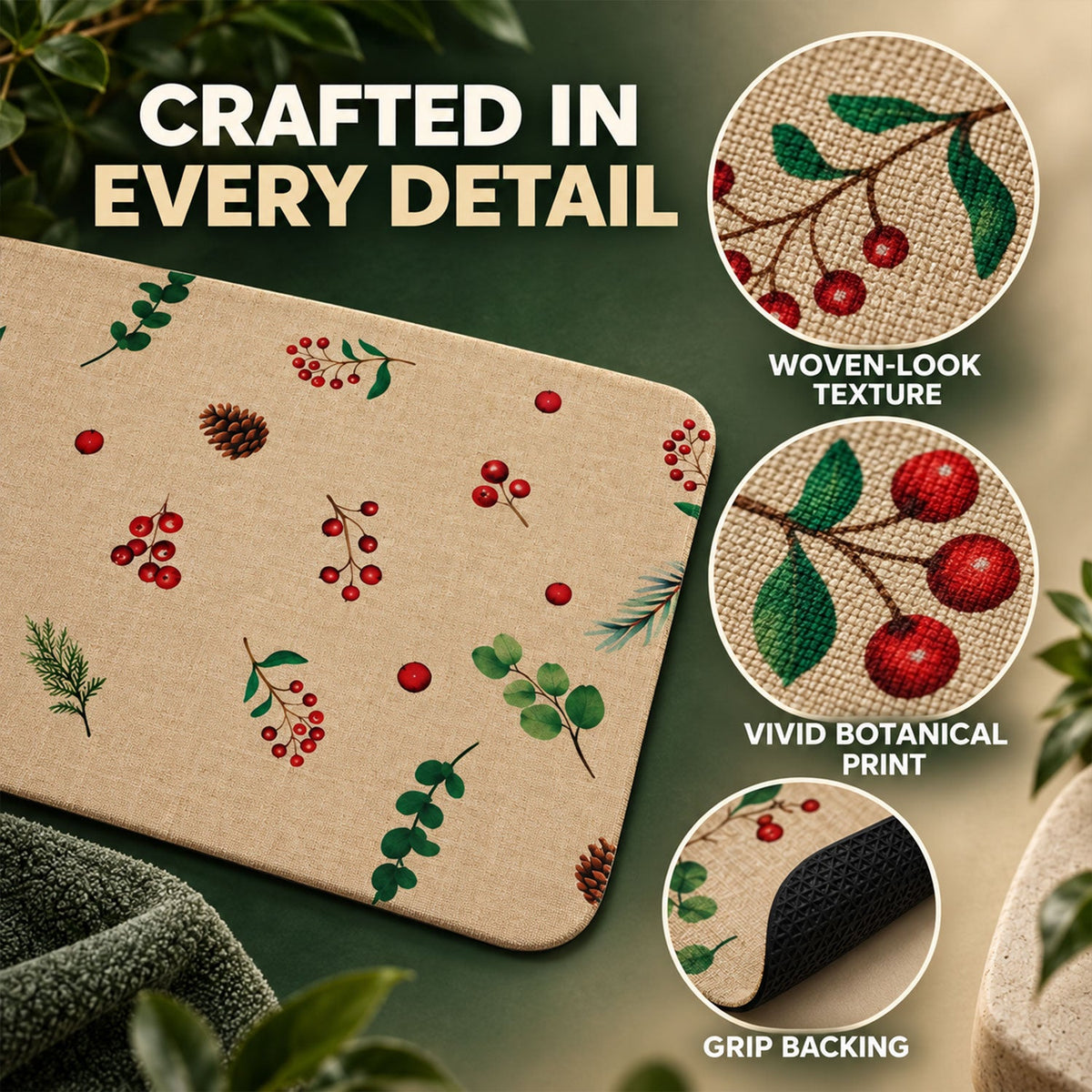 Wukusy botanical berry print bath mat in linen look with anti-slip backing, 57x38 cm, featuring colorful berry and plant design.