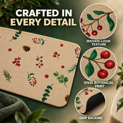 Wukusy botanical berry print bath mat in linen look with anti-slip backing, 57x38 cm, featuring colorful berry and plant design.