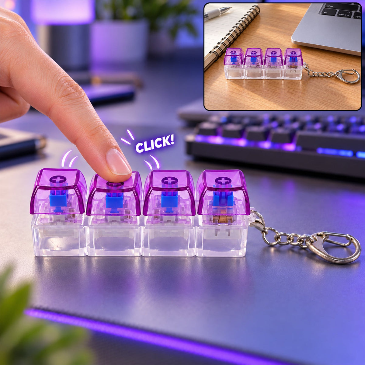 Keyboard Switch Clicky Keychain With Four Keys And Metal Clasp For Bags (1 Pc)