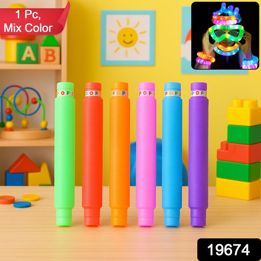 Colorful LED glow pop tube fidget toy by Wukusy, showing flexible, vibrant plastic tube with glowing lights for stress relief and fun.