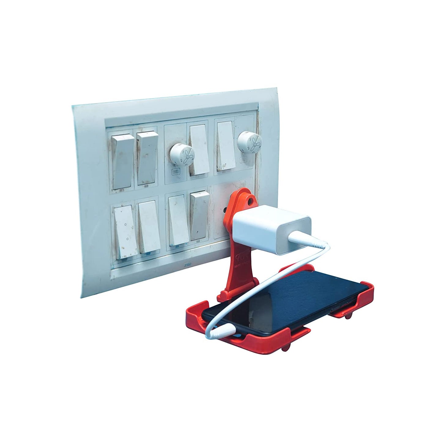 Red Wukusy multi-purpose wall holder stand for mobile charging, fits in socket, allows easy hanging of mobile devices.