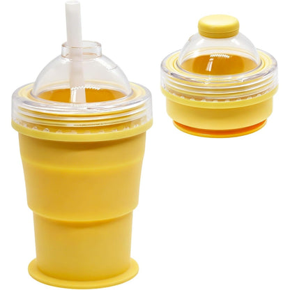 Silicone foldable travel cup with straw and dome lid by Wukusy, shown collapsed and expanded, suitable for on-the-go use.