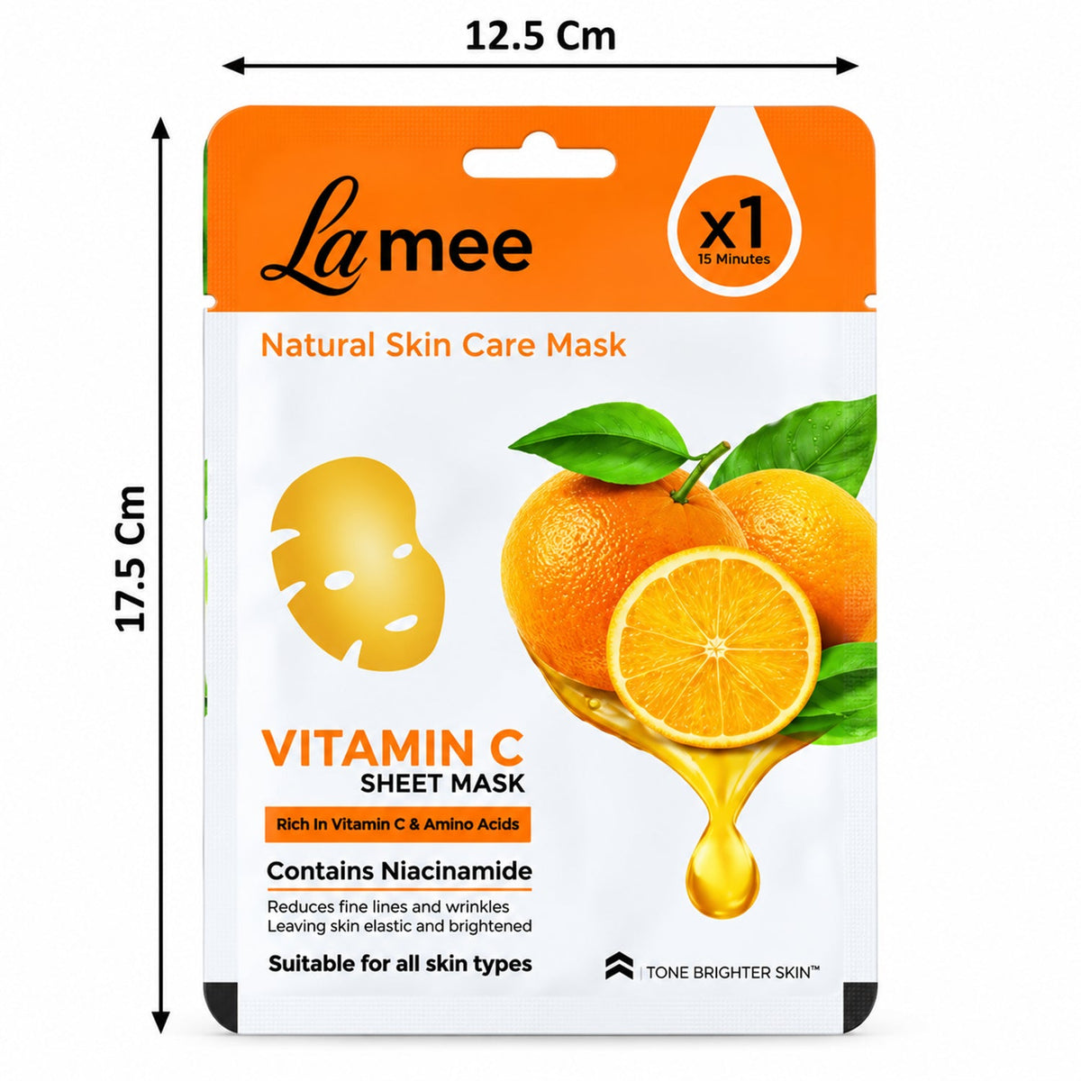 Wukusy Vitamin C facial sheet mask with niacinamide for hydrating skin, shown on a person’s face with a bright, glowing complexion.
