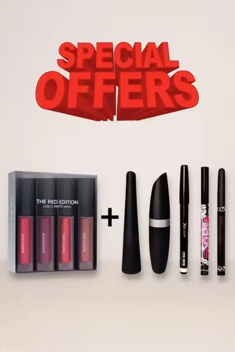 Combo of 4-in-1 Red Matte Lipstick & Waterproof Eye Makeup Set (Pack of 6)