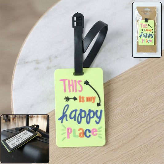 Colorful "This Is My Happy Place" Wukusy luggage bag tag with vibrant design for travel identification.
