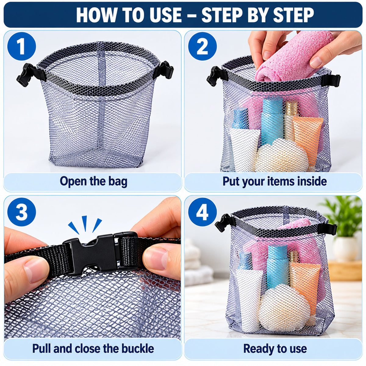Mesh Travel Organizer Pouch With Buckle For Toiletries (1 Pc 27x23 Cm)